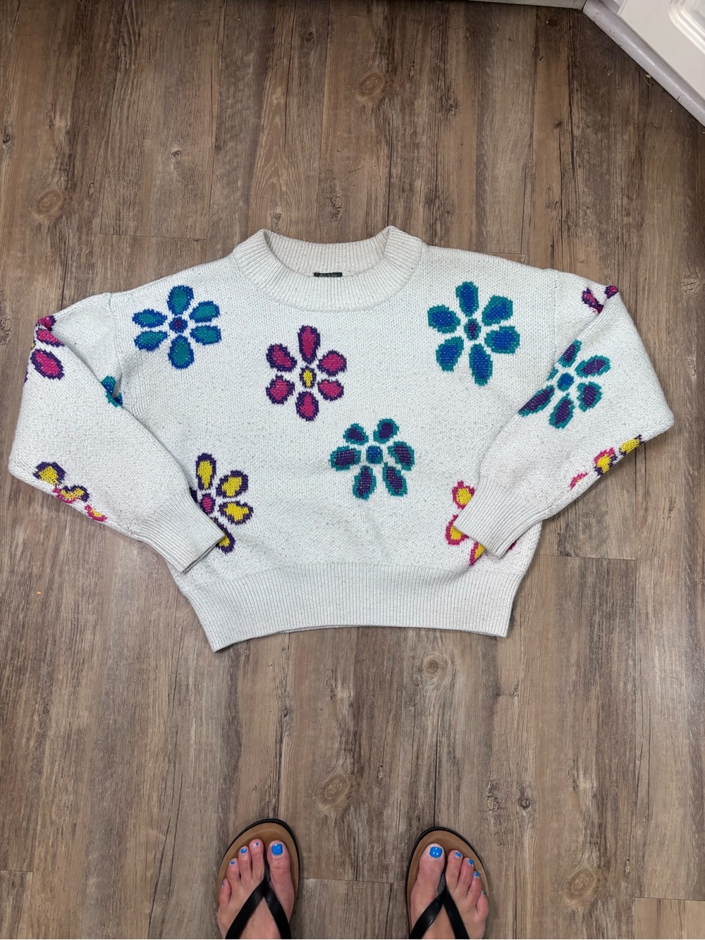 Wild Fable Cream Crewneck Sweater Multicolor Floral Motif Chunky Knit Large